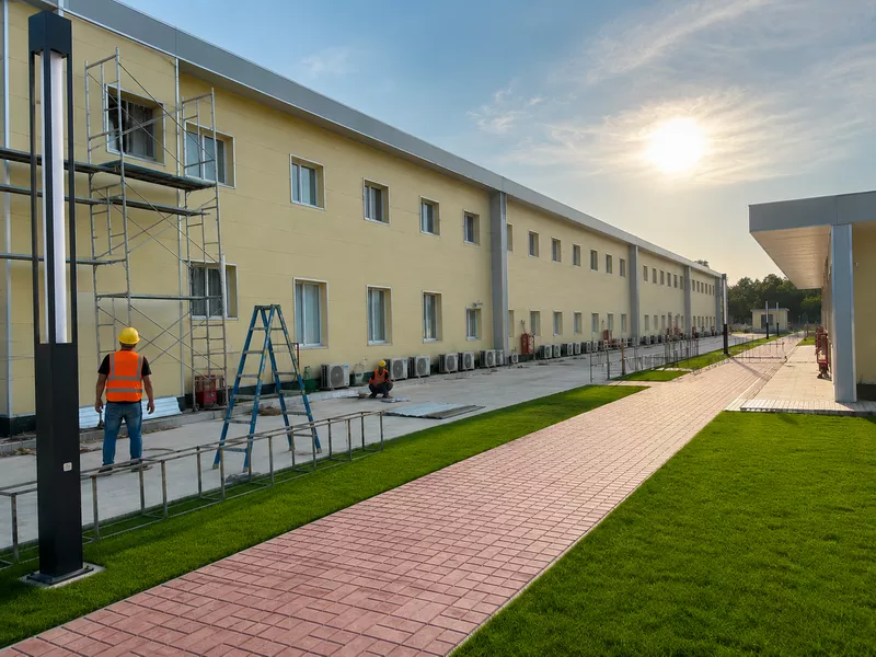 Commercial office building with metal siding facade Commercial office building with metal siding facade